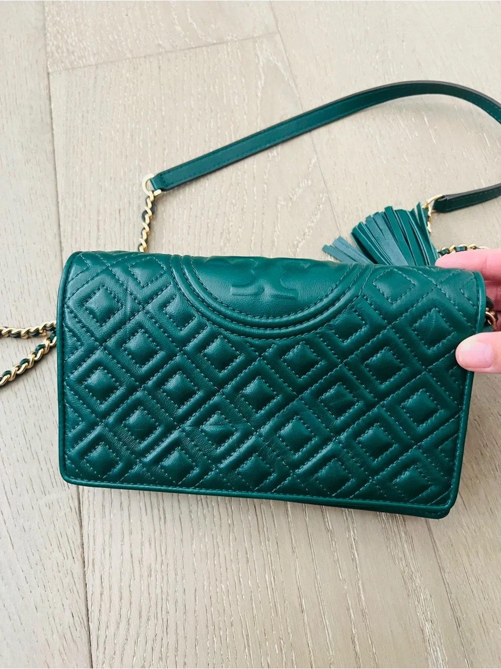Tory Burch Green Quilted Crossbody Bag with Tassel - Picture 9 of 11